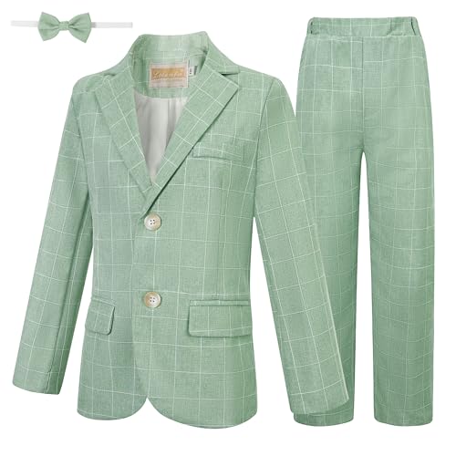 Image of LOLANTA Boys Suit Wedding Ring Bearer Outfit Kids Formal Wear Dress Clothes | Boy 3-Piece Plaid Suits, Sport Coat Blazer and Pants Set with Adjustable Bow Tie, Gentleman Birthday Party Graduation Outfits