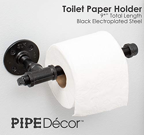 Rustic Industrial Pipe Toilet Paper Holder By Pipe Decor, Heavy Duty Diy Style, Wall Mounted Kit, Modern Chic Electroplated Black Iron Finish, Commercial Grade Metal, Slide Tp Roller, Oil + Rust Free #TOP3