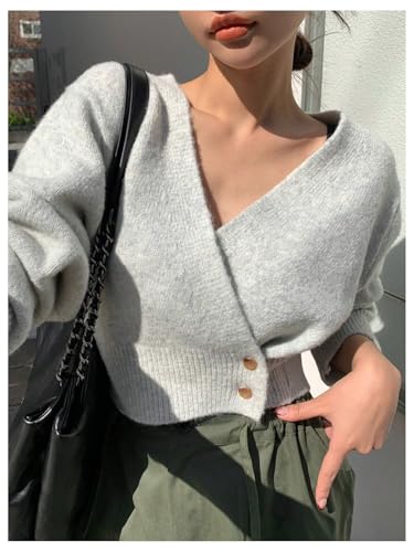 Image of WDIRARA Women's Wrap V Neck Sweater Button Front Long Sleeve Crop Knitted Top