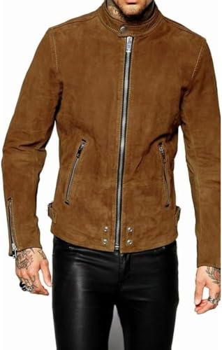 Men's Classic Real Sheepskin Suede Leather Bomber Biker Motorcycle Jacket - Slim Fit Coat3