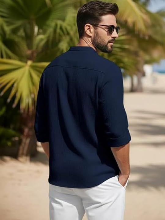 Image of Men's Cotton Blend Straight Kurta Shirt Combo with Mandarin Collar - Slim Fit Casual Short Kurti Set Featuring Textured Slub Fabric and Roll-Up Full Sleeves