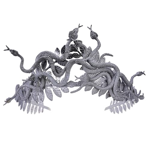 PartyforU Silber-schwarze Medusa-Schlangenkrone für Halloween, Damen, Cosplay, griechische Göttin Medusa Stirnband mit Lorbeer für Renaissance