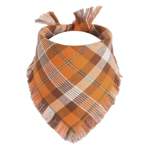 Gofshy Fall Dog Bandana 1PCS-Large, Autumn Thanksgiving Orange Plaid Scarf, Reversible Triangle Bibs Accessories for Boy and Girl, Holiday Halloween Puppy Bandana Cover