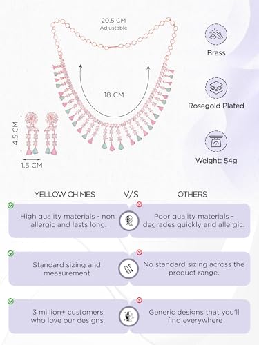 Image of Yellow Chimes Jewellery Set for Women and Girls American Diamond Jewellery Set | Rosegold Rhodium Plated AD Necklace Set for Women | Birthday Gift for Girls & Women
