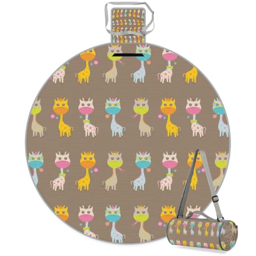 Shimoshe Colorful Baby Giraffe Picnic Outdoor Blanket Foldable Waterproof Sandproof Beach Blanket Portable Water-Resistant Round Picnic Mat for Travel Camping Park Lawn