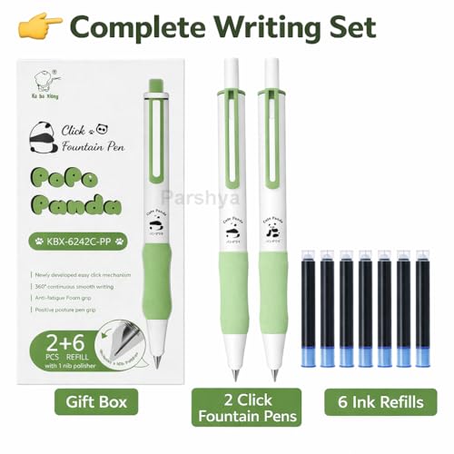 Image of KiddieWorld Click Fountain Pen Set for Students | 2 Pens + 6 Ink Refills | Smooth Writing, Quick Dry Ink, Soft Grip | Premium Gift Box | School, Office, Journaling Pen Kit
