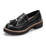 IDIFU Black Loafers Women Slip on Shoes Platform Lug Sole Chunky Penny Heeled Loafers for Women Fall Work Business Office Casual Comfortable Fashion Closed Toe Dress Shoes with Tassel(Black Pu, 9)