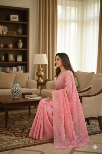 Image of Handmade Mulmul Cotton Printed Saree For Women Handloom Saree (Baby Pink)