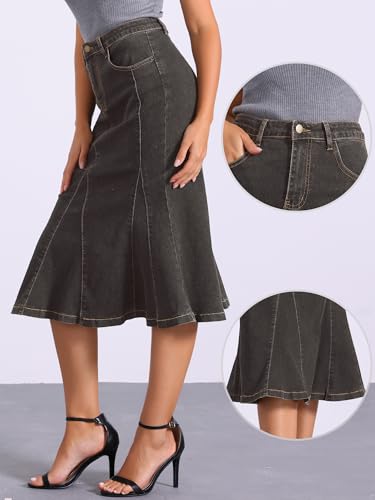 Allegra K Casual Denim Skirt for Women's High Waisted A-Line Flared Midi Skirts2