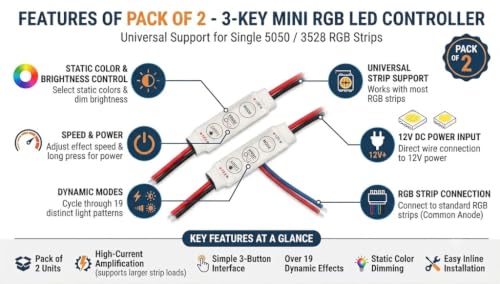 Image of Pack of 2 3 Keys Led Mini RGB Amplifier Controller for Single 5050 3528 RGB Led Light Strip