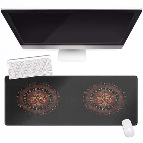 Tatuajes Vikingos 70x30cm Alfombra Raton Ordenador con Costuras Anti-Desgaste Cuervo de Odín Impreso en 3D Reposa Muñecas Mouse Base de Goma Antideslizante Oficina Accesorios para Escritorio