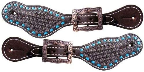 Showman Youth Leather Spur Straps w/Basket Weave Tooling & Turquoise Buckstitch