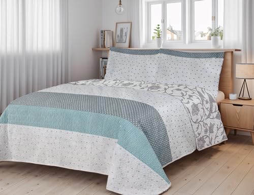 Etrexonline Colcha Bouti Reversible Estampada 100% Microfibra Extra Suave Colcha Cubre Cama Multiusos para Primavera y Verano Incluye 1 Funda de Cojín Cama 80/90-180x260cm - Turquesa/Gris/Blanco