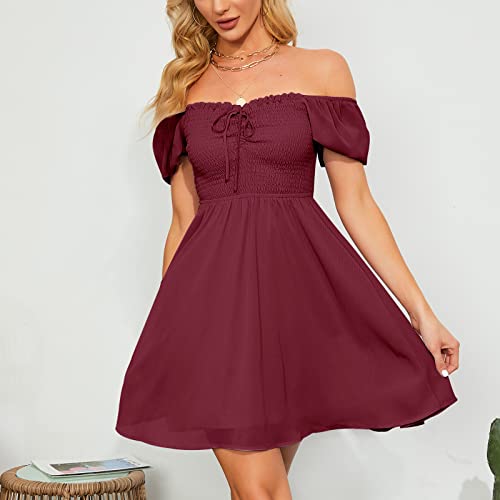 Byinns Women's Sweetheart Neckline Dress Smocked Sundress Puff Short Sleeve Drawstring Dresses Wine Red #TOP2