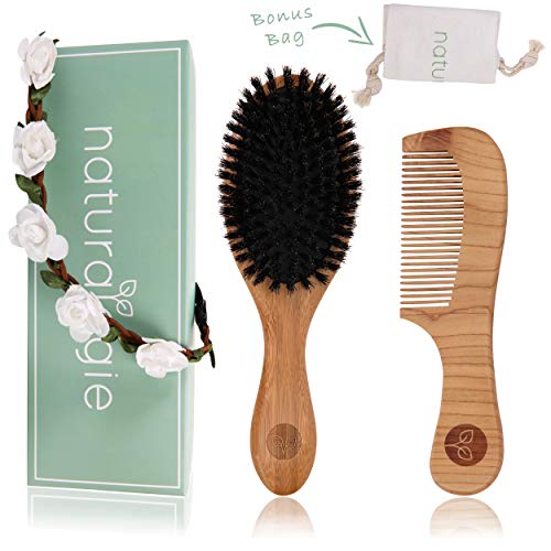 Boar Bristle Hair Brush Set by Naturalogie - Detangling Brush for Women, Kids, and Men. Includes Wooden Comb that Restores Shine and Texture To Your Hair