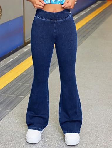 Girls Stretch Flare Jeans 8-12Y Crossover Waist Denim Pants Exercise Basics Slim Casual Streetwear4