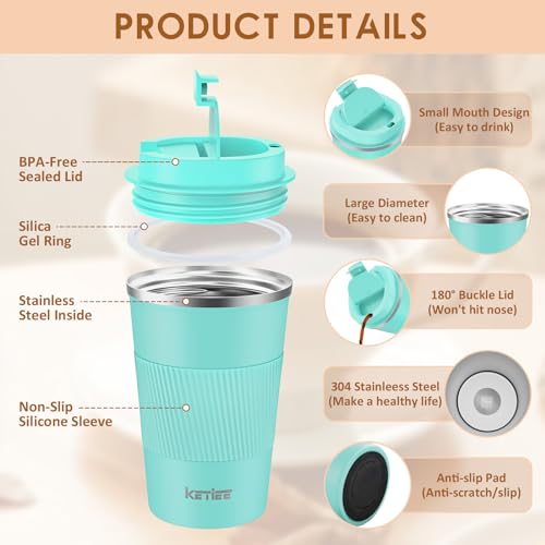 KETIEE Travel Mug Coffee Cup Stainless Steel 380ml T-Blue, A06 Turquoise 380ml, 380 ml - Image 3