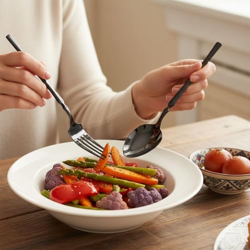 Image of 10 Pcs Black Cutlery Set for Dining Table the Perfect Lightweight Silim Handle Tableware Including Dinner Spoon, Dinner Fork, Dinner Knife, Dessert Spoon & Dessert Fork