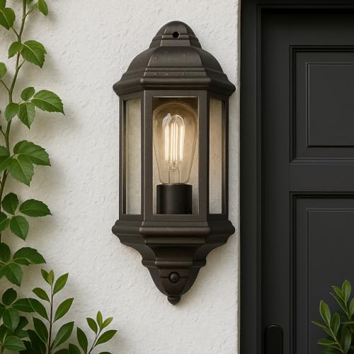 CGC Lighting Black Outdoor Outside Wall Motion Sensor Lantern Traditional Vintage Light (Black Half Wall PIR)