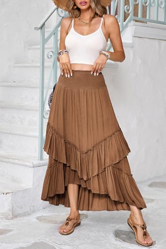 R.Vivimos Long Skirts for Women Summer Boho Smocked Strapless Dress Elastic High Waisted Layered Ruffle Hem Beach Midi Skirt3