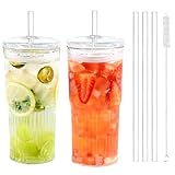 Puraville 20oz Glass Cups with Lids and Straws, 2 Pack High Borosilicate Iced Coffee Cups Drinking Glasses Tumbler for Smoothie, Water, Tea, Juice Drinks, Clear