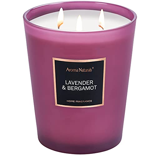Aromas Naturals Vela aromática, 943g/33,3oz Vela grande 130 horas de combustión prolongada, velas de aromaterapia de soja natural para el hogar, 3 mechas de algodón (lavanda y bergamota)