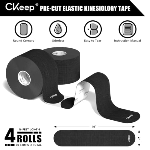 Image of CKeep Kinesiology Tape, Original Cotton Elastic Precut Strips 4 Rolls, Black | Latex Free High Adhesion Athletic Tape, Waterproof & Breathable Sports Tape for Muscle Support & Injury Prevention 80 Count