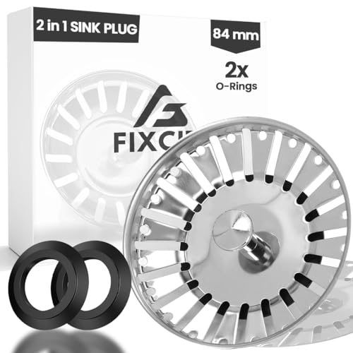 Fixciti 84mm/1Pc Sink Strainer UK Plug - Stainless Steel, Anti-clog Kitchen Sink Plug Replacement With 2 Rubber Seals - Dual Functional Sink Drain Strainer - Food Catcher, High Flow Strainer