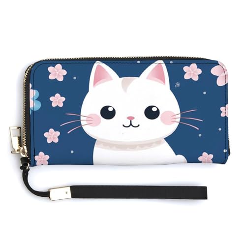 Cute Cat Japanese Leather Wallet Fashion Bifold Purse Long Pouch with Wrist Strap for Men Women