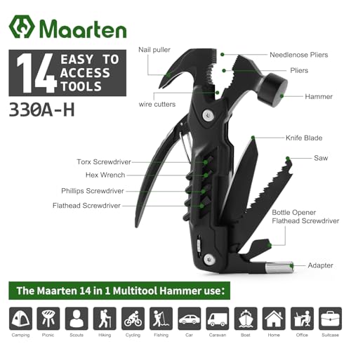 Image of Maarten Stocking Stuffers for Adults Men - Gifts for Dad from Daughter Son - Upgraded 14 in 1 Hammer Multitool with Safety Lock, Screwdriver Set and Durable Sheath - Ideal Birthday Gift for Father