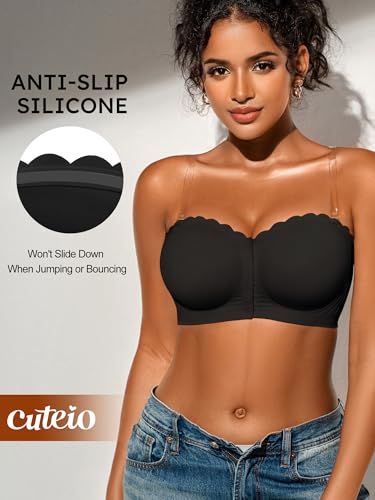 Image of Strapless Bras for Women, XS-XL, Front Closure Anti-Slip Comfortable Bandeau Top, Wavy Edge Padded Bra