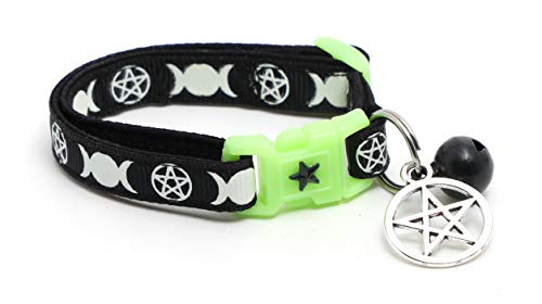 Pugs to Persians Wicca Cat Collar with Occult Charm & Bell | Witch's Familiar Cat Collar | Witch Kitten Collar Charms | Glow in The Dark | Safety Breakaway Collar (Small, Black)