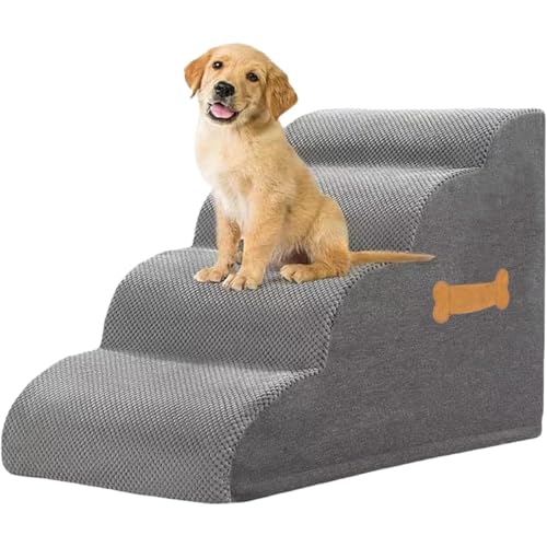 Vlfn 小型犬専用 高密度ペットステップ 5段階調整式 洗える防滑カバー付き 手提げハンドル内蔵 ベッド/ソファ昇降対応 折り畳み省スペース 安定強化支柱 抗菌加工 軽量設計 和室/寝室兼用 (4 階段)