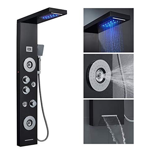 POPFLY Black LED Shower Panel Tower System, Stainless Steel Multi Rainfall Waterfall Shower Massage with Temperature Display, Wall Mount Shower Column with 2 Body Jets+4 Adjustable Body Mist Nozzle