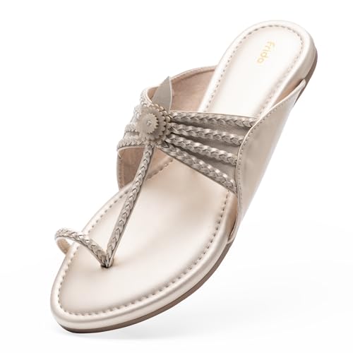 Image of Frido Women's Comfort Flat Sandals | Ethnic Style Slip-On | Super Soft Cushioned Sole, Padded Knit Upper, Breathable & Anti-Skid Zero-Drop | Available in Comfort Flat & Ethnic Kolhapuri style