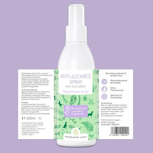 Juckreiz Spray für Hunde - Bei trockener Haut mit Juckreiz und Milben - Pflegt, unterstützt und regeneriert 100% pflanzlichen Wirkstoffe - Mit Teebaumöl und Lavendel, 200ml