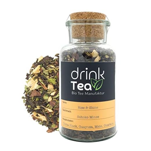 DrinkTea Rise&Shine Bio morgonte – löst vaxningsmedel svart te – naturligt koffein från Kina svart, Guayusa, Guarana, Yerba Mate – kaffealternativ – choklad mynta – glas