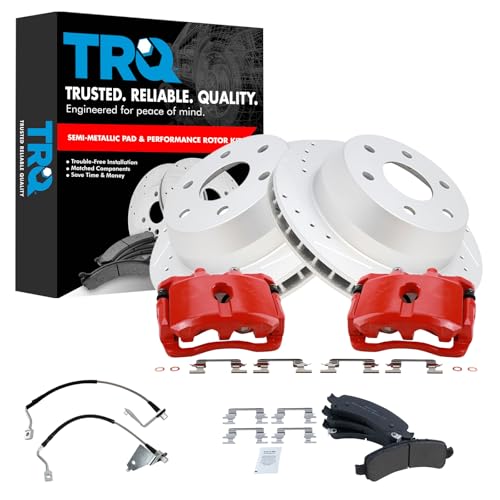 Image of TRQ Performance Rear Performance Brake Pad & Rotor Kit Semi-Metallic Premium G-Coated Compatible with 2003-2009 Chevrolet Express 1500 2003-2013 GMC Savana 1500