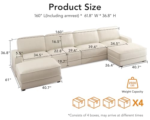 Vipbear 160" Oversized Modular Sectional Sofa, U Shaped Couch Set with 2 Pillows, 6 Seat Comfy Cloud Couches with 2 Movable Ottomans for Living Room, Bedroom and Apartment, Chenille Beige - Image 3