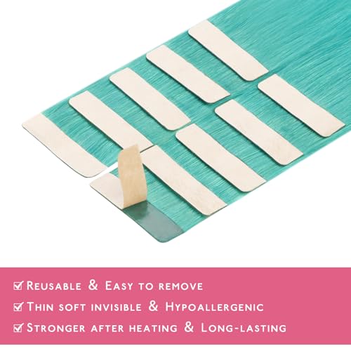 Image of WENNALIFE Tape in Hair Extensions Human Hair, Teal Green 10pcs 30g 20 inch Remy Invisible Tape Ins Straight Colored Soft Real Human Hair Refill Set Extensions