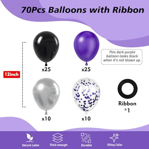 Image of 70pcs 12 inch Purple Black Metallic Silver Latex Balloons with Purple Confetti for Halloween Birthday Anniversary Wednesday Graduation Party Decorations
