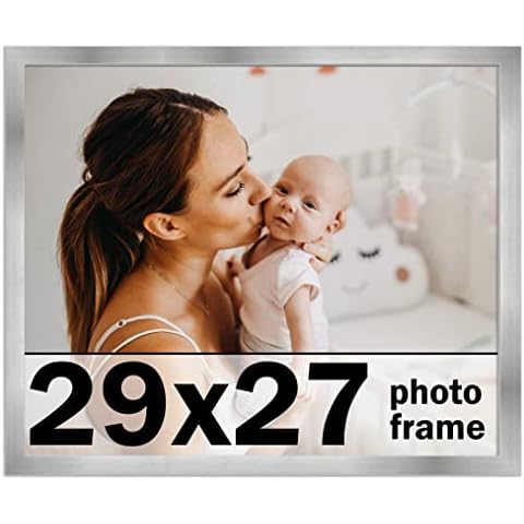 CountryArtHouse 29x27 Frame Silver Stainless Steel Solid Wood Picture Frame | 0.75 Inch Moulding Width | Includes UV Acrylic Plexiglass, Acid Free Foam Board Backing and Hanging Hardware Cover