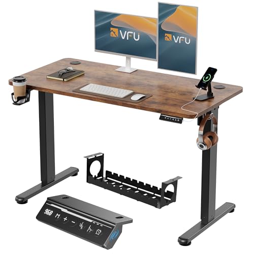 VFU Höhenverstellbarer Schreibtisch 120 x 60 cm mit USB-C Ladeanschluss, Schreibtisch Höhenverstellbar Elektrisch mit Memory Funktion, Steh-Sitz Tisch, Computertisch für Büro, Standing Desk, Braun Pro