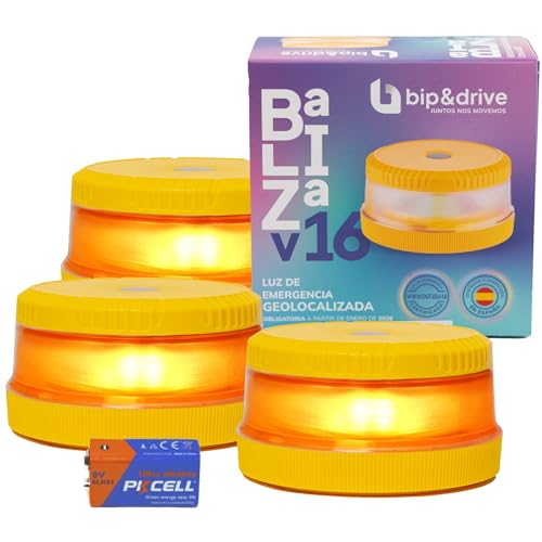 Baliza V16 Homologada DGT con Geolocalización | Luz de Emergencia Coche LED 360° 1km | Conectada DGT 3.0 | Resistente a la Lluvia | Indicador de Batería y Base Imantada | Bip&Drive (Pack x3)