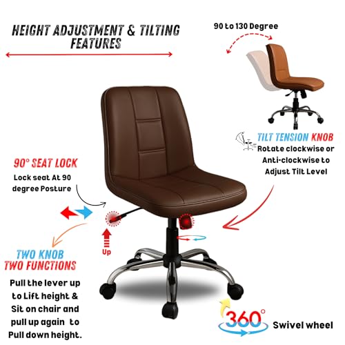 Image of Zidle Adjustable Swivel Office Chair with Cushioned Seat Armless Computer Chair with Wheels Brown Finish Study Desk Chair for Home Office Workstation Seating Modern Compact Design
