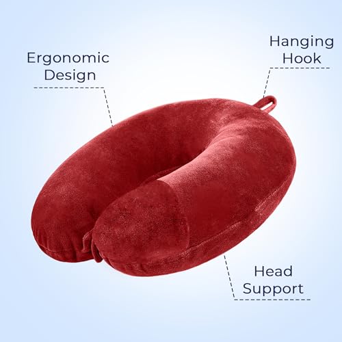 Image of U-Shaped Neck Pillow Soft Fiber Filled Travel Cushion with Snap Button, Comfortable Fabric, Neck Support for Flight, Bus, Car, Neck Pillow for Pain Relief (Red Combo)