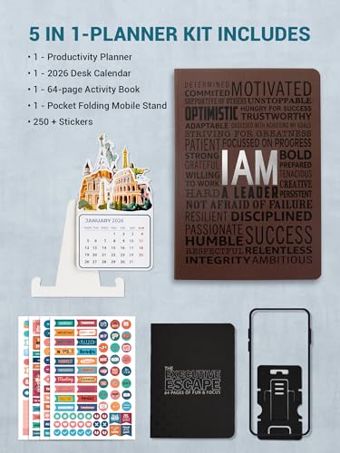 Image of DOODLE Productivity Pro Planner Gift Set 2026 | A5 Executive Planner (288 Pages) + Desk Calendar + Activity Book + 4 Sticker Sheets + Mobile Stand | Smart Gift Box for Professionals & Executives