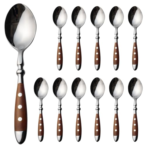 Alata Cucharas de sopa, 12 unidades, cucharadas de acero inoxidable, asas marrones, cucharas de mesa pulidas con espejo, cubiertos para el hogar, restaurante, hotel, uso diario, serie Berlin