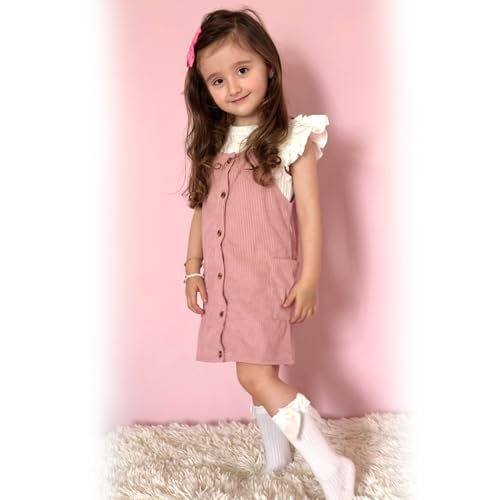 HINTINA 2-7 Years Toddler Girl Butterfly Sleeve Tee Corduroy Button Down Overall Dress Set3