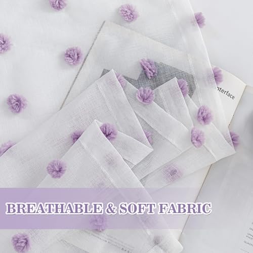 Image of MYSKY HOME Purple Pom Pom White Sheer Curtains for Bedroom 72 Inch 2 Panels | for Girls Room Baby Nursery, for Closet Doorway, Light Filtering, Rod Pocket, Semi Sheer White Window Drapes, 50 x 72 inch
